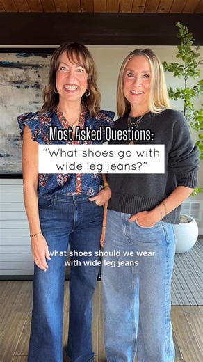 Julie Powell + Krista Olufson | 40+ Style | SeattleWA on Instagram: "Comment SHOP for links!!🛍️ Sometimes it can be so confusing figuring out what shoes to wear with wide leg jeans! We think it’s best to avoid bulky, round toe shoes and stick with a pointy toe heel, boot or flat! Sneakers work, too, but keep the sneaker style slim like our low profile and retro styles. If you wear the right shoes, wide leg jeans make you look like you have legs for days!!👏🏼 It’s officially jacket season here 