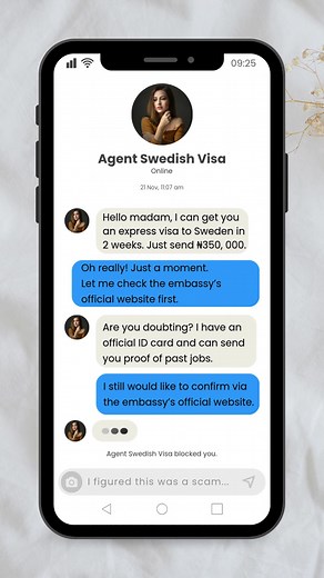 Still looking for a “connection” or “plug” to get a Swedish visa? 🤔 The only connection you should trust is your internet connection and our official website: https://www.swedenabroad.se/en/about-sweden-non-swedish-citizens/nigeria/going-to-sweden/visiting-sweden/apply-for-a-visa/ ⚠️ The Embassy of Sweden in Nigeria 🇳🇬 does NOT cooperate with any agents ⚠️ Sweden 🇸🇪 does not issue any e-visas ⚠️ No one can guarantee you a visa if you pay them a certain amount of money ⚠️ You should always b