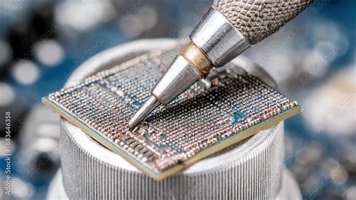 Closeup of intricate soldering on flash memory device as professional restores lost data from damaged chip using advanced microrepair techniques.