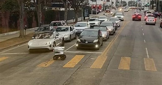 Delivery robot struggles to cross Los Angeles street