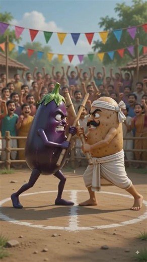 Brinjal vs Potato Stick Fight | Village Karra Saamu Battle 🥔🍆 | Epic 3D Cartoon #Shorts#