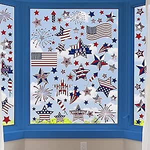 Geyoga 105 Pcs 4th of July Window Clings American Flag USA Star Firework Wall Decals Memorial Day Decorations Patriotic Double Sided Window Stickers for Independence Day 250th Anniversary Decor