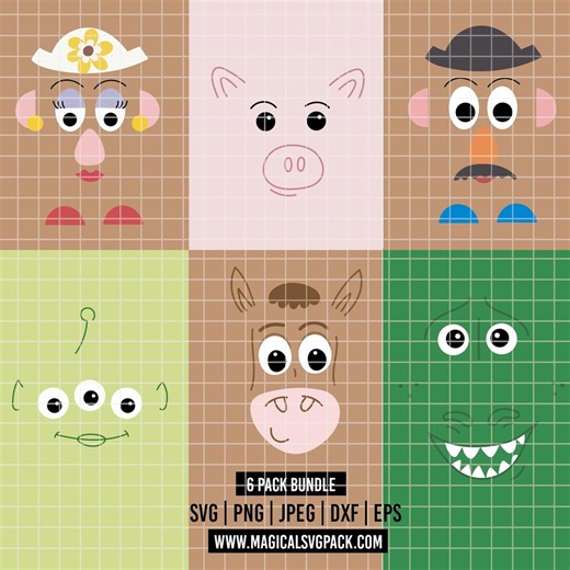 6150 - Toy Story Characters Face Pack Bundle Svg, Eps, Png, Dxf, Jpeg (hamm - Rex - Bullseye - Alien - Mrs. Potato - Mr. Potato) - Etsy