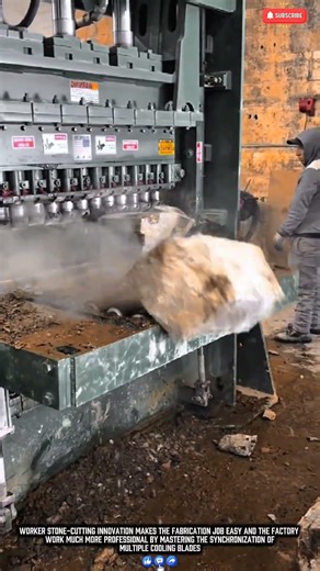 Worker cutting stone blocks with a multi-blade machine for precise slab results