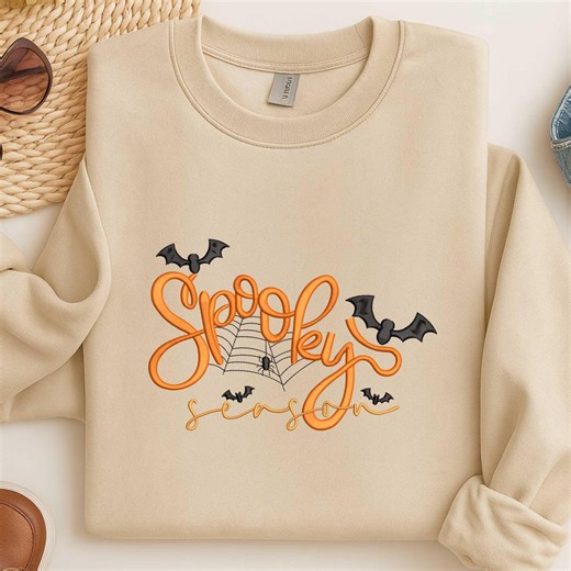 Spooky Season Embroidery Design, Halloween Script With Bats and Web, Fall Machine Embroidery File - Etsy