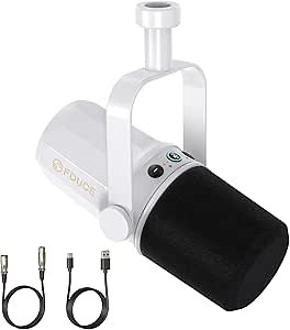FDUCE SL40 Dynamic Microphone for Podcasting, Gaming, Live Streaming and Recording, Built-in Headphone Output, LED Mute Button, All-Metal USB/XLR, Voice Isolation Technology (White)