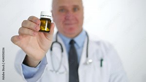 Doctor Pointing with Finger Showing Medicines Recommending New Pills Treatment