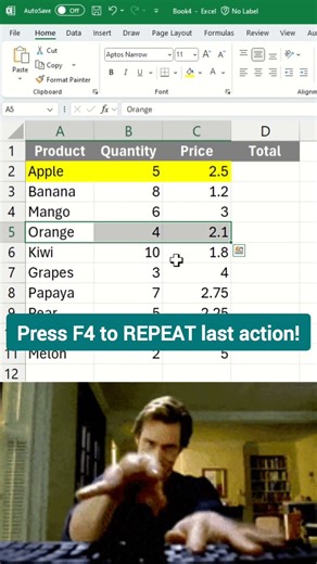 Repeat Last Action Instantly in Excel | F4 Shortcut 🔁 #shorts #youtubeshorts #excel
