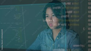 Young woman asia people work at home write typing python remote screen build data center AI deep tech app STEM skill, cloud computing create design server platform, reskill upskill in talent workforce