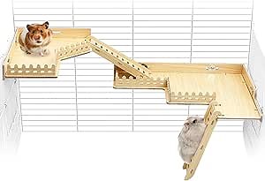 Fhiny 2-Tier Hanging Gerbil Climbing Platform with Ladder & Fence, Wooden Platform for Cage, Hamster Activity Playground Habitat Decor, Cage Accessories for Dwarf Hamster Gerbil Mice Rat Mouse
