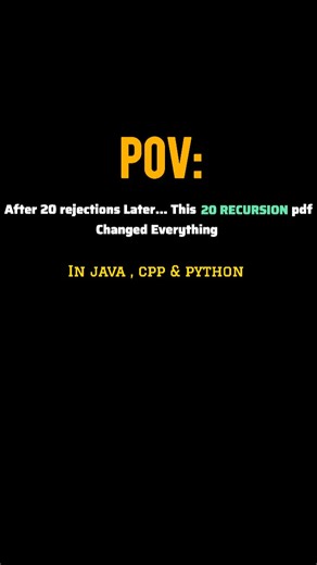 Coding | Error| Debugger on Instagram: ""Recursion is where coding meets magic 🪄💻 Here are 20 powerful Recursion Problems that every coder must practice 🔥 From simple factorials to advanced backtracking – once you master recursion, no problem looks impossible 🚀 Let’s crack recursion together! 💯✨" --- 🔖 Hashtags: #RecursionMagic #DSAWithRecursion #CodingPatterns #LearnRecursion #RecursiveThinking #Backtracking #CodingLife #DSAForInterviews #CodeWithMe #ProgrammerWorld #CodingTips #Recursion