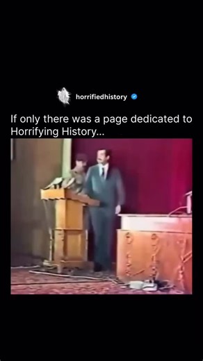 Horrifying History on Instagram: "On July 22, 1979, just days after becoming president of Iraq, Saddam Hussein carried out one of the most chilling displays of political power in modern Middle Eastern history: the Ba’ath Party Purge. During an emergency assembly at al-Khuld Hall in Baghdad, senior party members were summoned under the guise of unity. Saddam sat calmly, smoking a cigar, as a visibly broken official, Muhyi Abdul-Hussein Mashhadi—who had been tortured beforehand—delivered a forced 