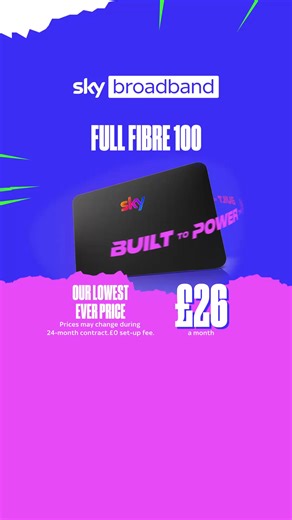 Get game changing speeds with our Full Fibre 100 broadband at our lowest ever price for just £26 a month, now with no upfront fees. ⚡ | Sky