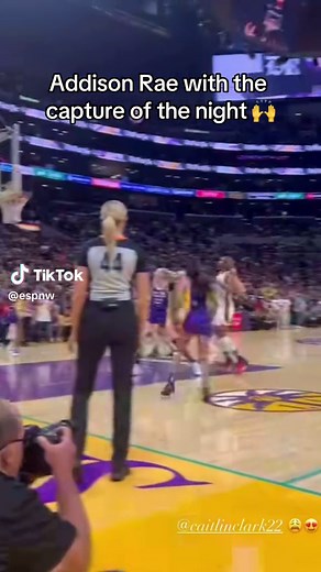 #AddisonRae’s view of #CaitlinClark’s three-point dagger to get the Fever’s first win 👀 (via @Addison Rae) #basketball #wnba #IndianaFever #LosAngelesSparks