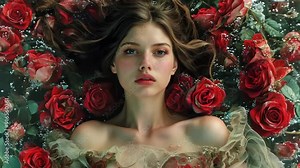 Animation of fairy princess with long hair in elegant dress in flowers. Romantic fantasy portrait of medieval queen. Beautiful nymph or elf girl in spring garden. Beauty and passion. Fairy tail