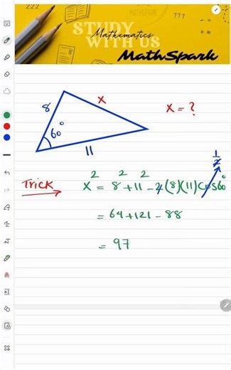 Find x Using the Law of Cosines | Triangle with 60° Angle #mathspark #maths #highschoolmath