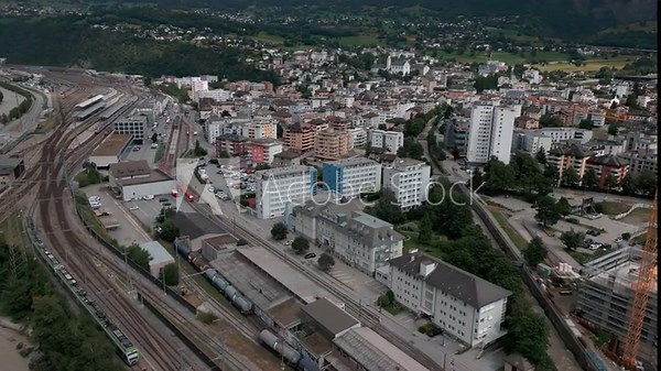 The town of Brig in the Swiss Alps. Brig railroad station and the town center