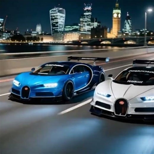 “Ultra–realistic image of two fully modified Bugatti hypercars