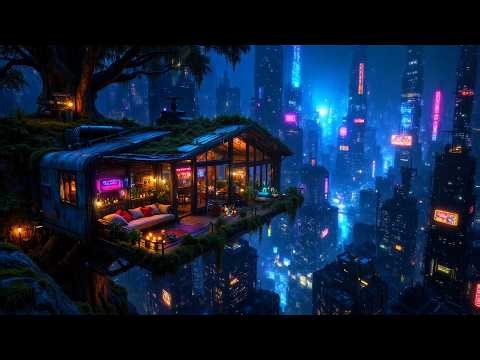 Lofi Ambient – Rainy Mossy Treehouse Above Neon Futuristic Metropolis | Relaxing Study Ambience | 4K