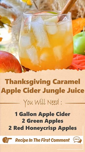 Caramel Apple 🍎 Cider Jungle Juice! This is like drinking an apple pie, ya’ll! 🥧 It’s absolutely delish- perfect for Thanksgiving! **Caramel Apple Spice Jungle Juice** **Ingredients** • Musselman’s Apple Cider • Smirnoff Kissed Caramel Vodka • Green apples, sliced • Honeycrisp apples, sliced • Cinnamon sticks • Apple pie spice **Instructions** 1. In a large punch bowl or drink dispenser, combine apple cider and Smirnoff Kissed Caramel Vodka. Adjust the ratio to your taste preference. 2. Add sl