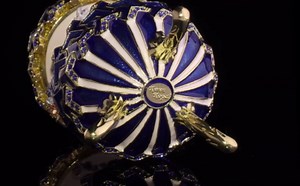Keren Kopal Blue Wind up Horse Carousel Enamel Painted Trinket Box, 24K Gold Plated, Austrian Crystals, Handmade