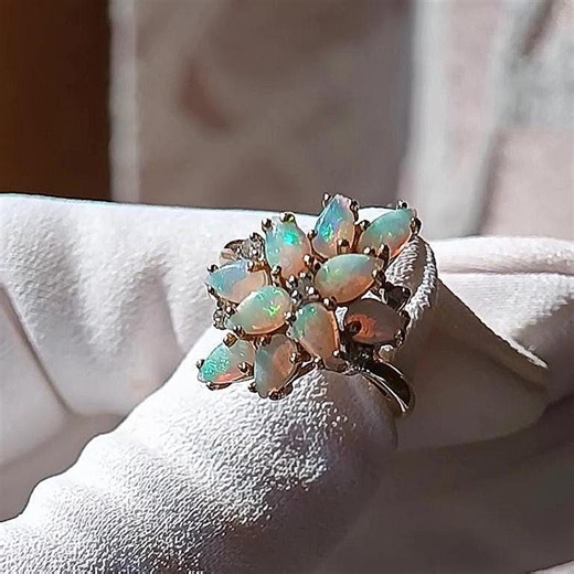 Vintage Opal Cocktail Ring 14K Gold, Marquise Opal Cluster Flower Ring with Diamonds, Estate 1990s Opal Ring, October Birthstone