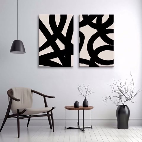 Framed Abstract Wall Art Canvas Set Lines Pictures Modern Mid Century Boho Wall Decor Minimalist Abstract Black Stroke Lines Canvas Painting Artwork Living Room Bedroom Home Office 12"x16"x2