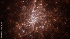 Budapest (Hungary) aerial view at night. Satellite view on modern city with street lights. Camera is flying above the city, moving forward