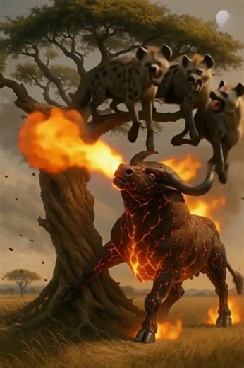 Angry Fire Bull Crashes Into Tree! The Hyena Screams in Terror! 🔥🐃🐕