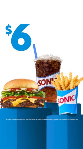 BOOM. This whole meal for only $6. Includes our new All-American Smasher, Fries or Tots, & a Drink. Avail for a limited time. Terms and Conditions apply, see full terms at https://www.livefreeshopsonic.com/legal/sonic-legal-lines | Sonic Drive-In