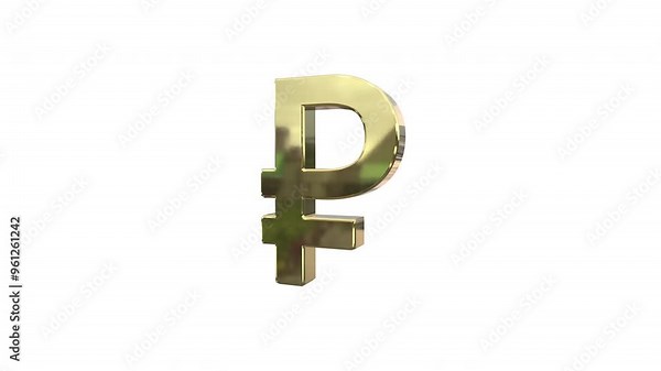 Russian ruble or rouble currency symbol of the Russian Federation Rotating on a clean white Background, with chroma key and alpha channel to remove background