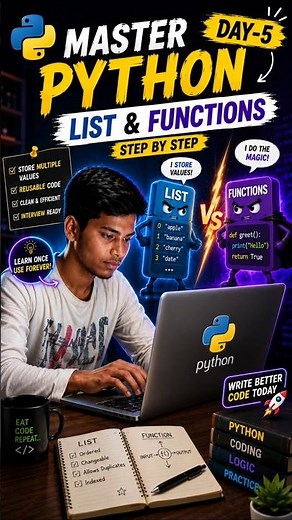 Day 5 of Learning Python | Lists & Functions Explained with Practice Programs | Python for Beginners