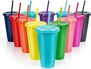 Topsei Reusable Plastic Cups with Lids Straws: 12Pcs 24oz Colorful Bulk Party Cups/BPA-Free Dishwasher-Safe Cold Drink Travel Tumblers for Iced Beverage Water Coffee(L-24 oz)