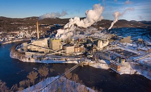 An aerial view of the frozen falls on the Androscoggin River, giant paper mill and downtown Rumford, Maine on January 28, 2019. Photos: https://bit.ly/2FY1eJo (Sun Journal Aerial video by Russ Dillingham) | Sun Journal