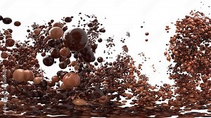 Aerated milk chocolate cocoa Bubble Burst - foaming balls balloons explosion. Brown foam spheres in slow motion macro fisheye wide-angle lens close up shot isolated on white. Alpha matte 60 fps 4k