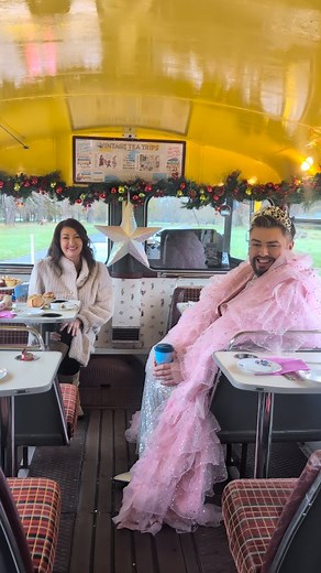 @mauraderrane has a cuppa on the @vintageteatripsdublin bus with @james_patrice who's going to be taking part in @ollypanto as 'Glinda Martin's 😂. They met some of the @twinkletowndublin Elves along the way all thanks to @visitdublin! Show will be live at 3.30pm @rteone & @rteplayer | RTÉ Today