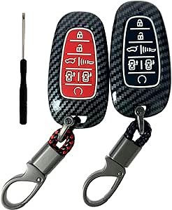 ABS Plastic Silicone Rubber Key Fob Cover Compatible with 2019-2023 Hyundai Sonata Nexo 2022 Hyundai Tucson 2023 Palisade Santa Fe (2pcs Black+Key Chain, ABS/7 Buttons)