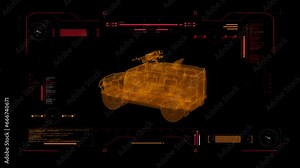 Digital Blueprint Scan of GAZ Tigr 4×4. Multi-Role, All-Terrain Light Armored Vehicle. Futuristic User Interface HUD. Military Reconnaissance 360 View.