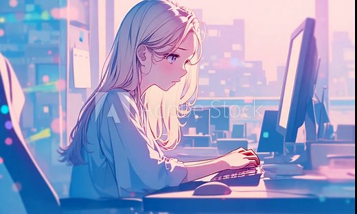 Anime-style digital art comes to life. This soothing animated GIF depicts a blonde girl intensely typing on her computer, set against a twilight cityscape. Soft colors and subtle movements express the