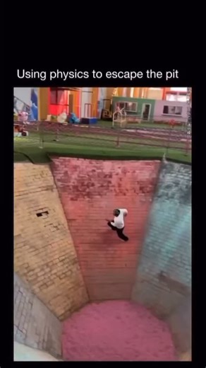 Physics Explained on Instagram: "The clip shows a runner inside a bright, octagon-shaped skate bowl using fast circular motion to build centripetal force, letting them run up the steep walls and climb out of a pit roughly a meter deep without any assistance🌀 The stunt follows the same physics as the classic “wall of death” carnival ride. As the runner moves in a circle, the wall pushes inward with a normal force that supplies the required centripetal acceleration (mv^2/r), counteracting gravity