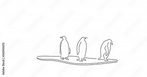 Global warming and climate change concept in line art animation. Video footage of penguins surviving. Black linear video on white background. Animated gif illustration design.