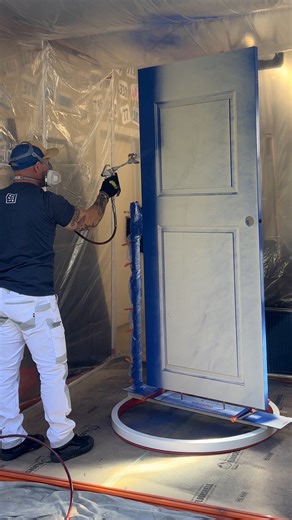 Mobile spray booth technology. Spraying full sized interior doors standing. #spraybooth #innovation #paintbooth #mobile #painter | The Idaho Painter