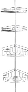 Kenney KN61519 Adjustable Height (5'-9') Spring Tension Metal Corner Pole Shower Caddy with 4 Adjustable Rust-Resistant Basket Shelves, Towel Bars, and Razor Holders for Bathroom Shower, Satin Nickel