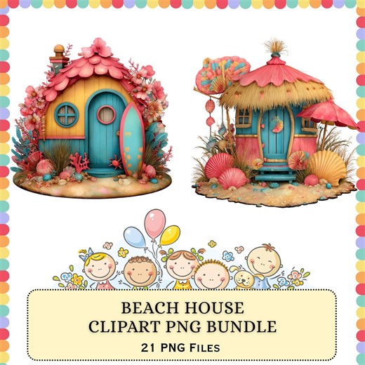 Beach House PNG Bundle | Tropical Cottage Clipart Pack | Coastal Graphics Summer Hut Illustration Files