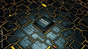 Machine Learning text on motherboard chip animation, 3D electronic circuit board with Machine Learning text placing on microprocessor, Data processing, Machine learning, 3D animation