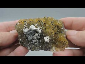 Pyrite, dolomite and calcite on fluorescent fluorite from Spain – cabinet size