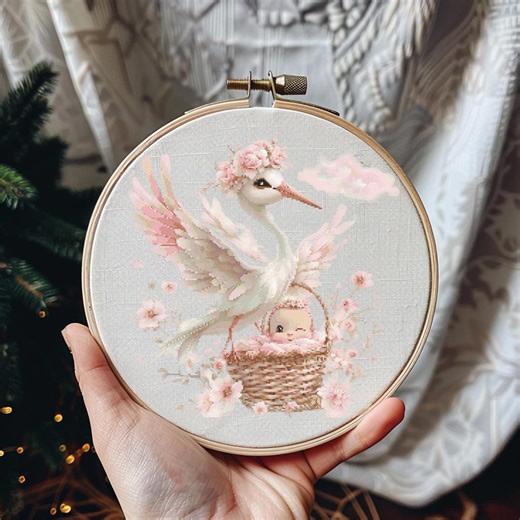 Baby Cross Stitch Pattern Instant PDF Download -stork and Baby Girl Watercolor Cross Stitch Hand Embroidery Nursery Newborn Pattern - Etsy