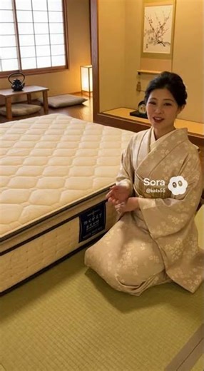 高級老舗旅館でも採用の片面ピローソフト仕様(1TOP)のホテルベッドを紹介する若女将。ピロートップが「有りの面」と「無しの面」、マットレスを裏返して、どちらの面でも寝られます。両面仕様(2トップ)も可