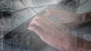Animation of person typing on computer keyboard with warehouse in background Stock Video