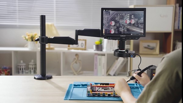 Elikliv AM02 Microscope Boom Arm Stand with Ring Light,Flexible Microscope Stand, Heavy Duty Mic Desk Mount Stand with Cable Management, Boom Stands for Soldering Microscope EM4K EDM601 EDM201 EDM9